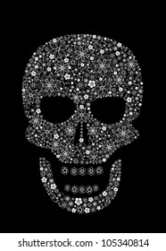 Human scull as abstract floral illustration on black background for design