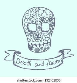 Human scull as abstract floral illustration in sketch style
