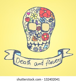 Human scull as abstract floral illustration in sketch style