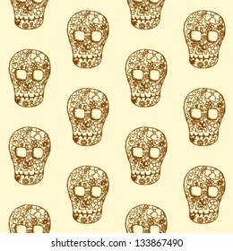 Human scull as abstract floral pattern in sketch style. Monochromatic