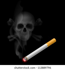 Human scull appears in Cigarette Smoke on black