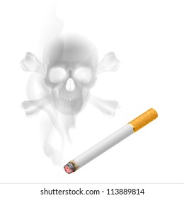 Human scull appears in Cigarette Smoke on white