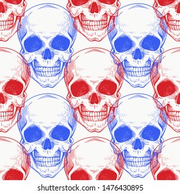 Human scull color seamless pattern. Hand drawn vector skeleton illustration. Engraved style. Retro halloween illustration.