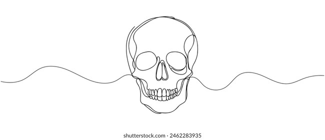 Human scull. One line continuous Halloween skull isolated on white background. Line art outline vector illustration.