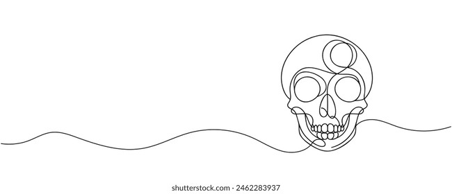 Human scull. One line continuous Halloween skull isolated on white background. Line art outline vector illustration.