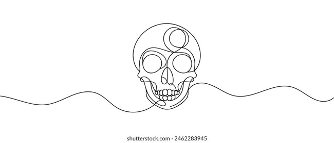Human scull. One line continuous Halloween skull isolated on white background. Line art outline vector illustration.