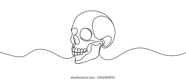 Human scull. One line continuous Halloween skull isolated on white background. Line art outline vector illustration.