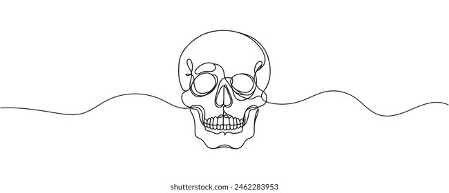 Human scull. One line continuous Halloween skull isolated on white background. Line art outline vector illustration.