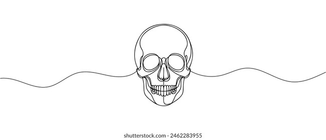 Human scull. One line continuous Halloween skull isolated on white background. Line art outline vector illustration.