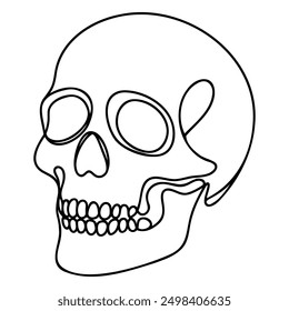 Human scull. One line continuous Halloween skull isolated on white background. Line art outline vector illustration.