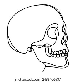 Human scull. One line continuous Halloween skull isolated on white background. Line art outline vector illustration.