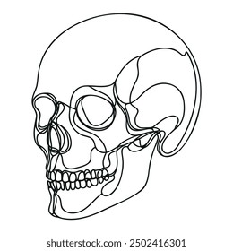 Human scull. One line continuous Halloween skull isolated on white background. Line art outline vector illustration.