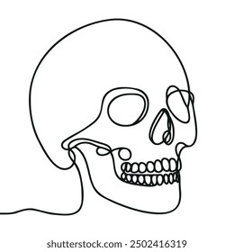 Human scull. One line continuous Halloween skull isolated on white background. Line art outline vector illustration.