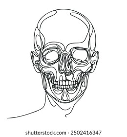 Human scull. One line continuous Halloween skull isolated on white background. Line art outline vector illustration.