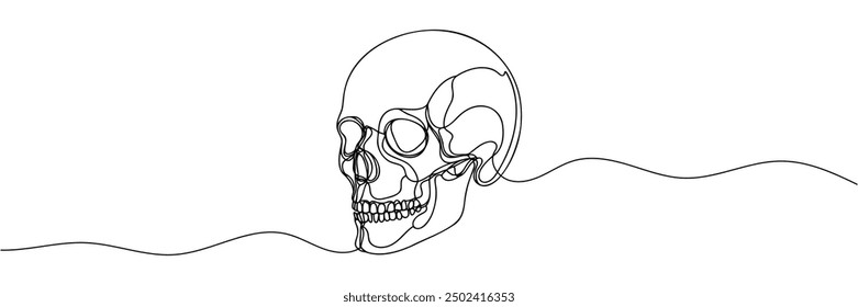 Human scull. One line continuous Halloween skull isolated on white background. Line art outline vector illustration.