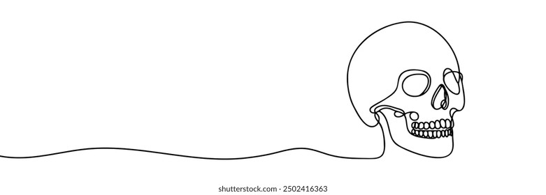 Human scull. One line continuous Halloween skull isolated on white background. Line art outline vector illustration.