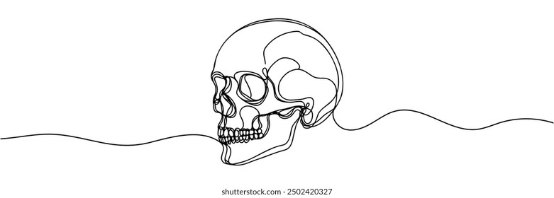 Human scull. One line continuous Halloween skull isolated on white background. Line art outline vector illustration
