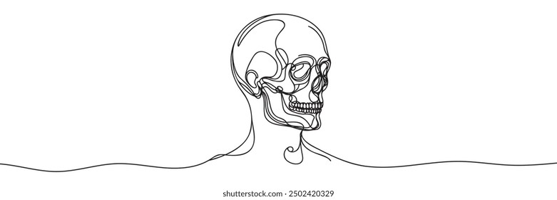 Human scull. One line continuous Halloween skull isolated on white background. Line art outline vector illustration