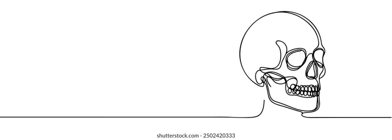 Human scull. One line continuous Halloween skull isolated on white background. Line art outline vector illustration