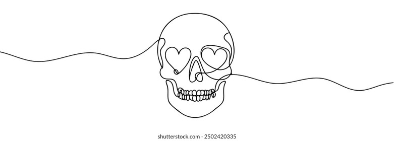Human scull. One line continuous Halloween skull isolated on white background. Line art outline vector illustration