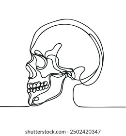 Human scull. One line continuous Halloween skull isolated on white background. Line art outline vector illustration