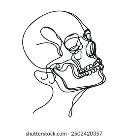Human scull. One line continuous Halloween skull isolated on white background. Line art outline vector illustration
