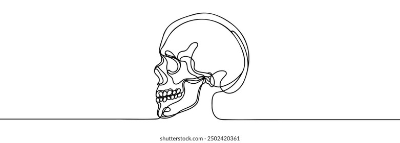 Human scull. One line continuous Halloween skull isolated on white background. Line art outline vector illustration