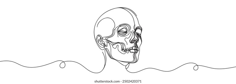 Human scull. One line continuous Halloween skull isolated on white background. Line art outline vector illustration