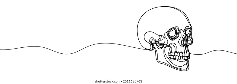 Human scull. One line continuous Halloween skull isolated on white background. Line art outline vector illustration