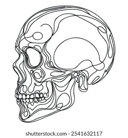 El cráneo humano. Una línea de cráneo continuo de Halloween aislado sobre fondo blanco. Ilustración vectorial de contorno de arte de línea.