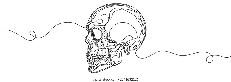 El cráneo humano. Una línea de cráneo continuo de Halloween aislado sobre fondo blanco. Ilustración vectorial de contorno de arte de línea.