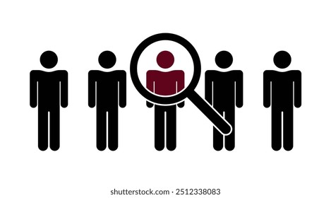 human search, stickmen and magnifying glass, weak link search concept, problem detection