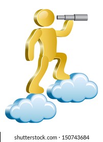 Human searching with spyglass. Isometric human on a cloud. Vector Illustration.  