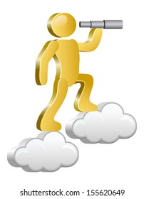 Human searching with spyglass. Isometric human on a cloud. Vector Illustration.  