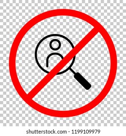 Human secource, search profile. Linear icon, thin outline. Not allowed, black object in red warning sign with transparent background