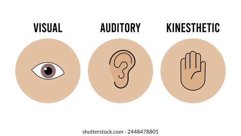 Human sense, learning method icon, visual, auditory, and kinesthetic, vector illustration