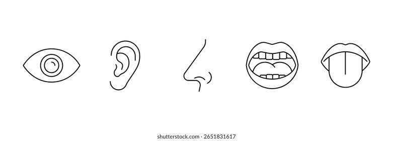 Ícones contorno de órgãos de senso humano definir orelha nariz língua boca face vetor ilustração coleção pacote design isolado.