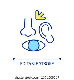 Human sense organs RGB color icon. Sensory systems. Perception of information. Five receptors. Isolated vector illustration. Simple filled line drawing. Editable stroke. Arial font used