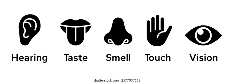 Human senses icon set. Vision eye, smell nose, hearing ear, touch hand, taste mouth with tongue. Simple line icons and black circle. Five senses of human nervous system. Vector illustration.