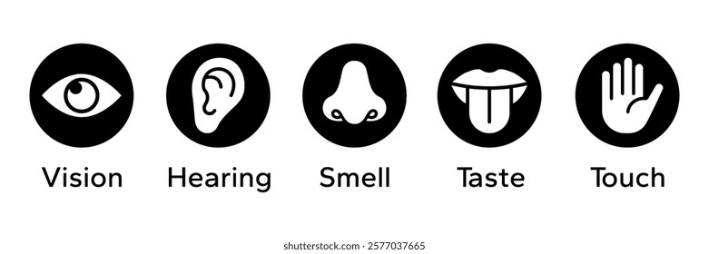 Human senses icon set. Vision eye, smell nose, hearing ear, touch hand, taste mouth with tongue. Simple line icons and black circle. Five senses of human nervous system. Vector illustration.