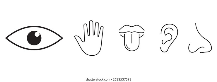 Human senses icon set. Vision eye, smell nose, hearing ear, touch hand, taste mouth with tongue. Simple line icons and black circle. Five human senses editable stroke outline icons set isolated.
