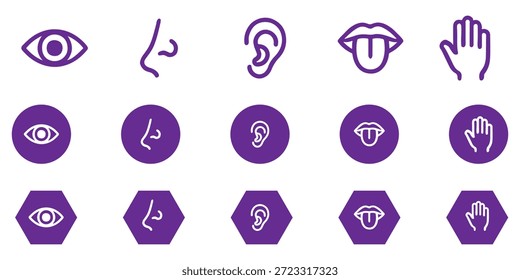 Conjunto de ícones dos sentidos humanos. Visão, olfato, nariz, ouvido auditivo, mão sensível ao toque, boca com língua. Ícones de linha simples e círculo preto. Cinco sentidos do sistema nervoso humano. Ilustração vetorial.