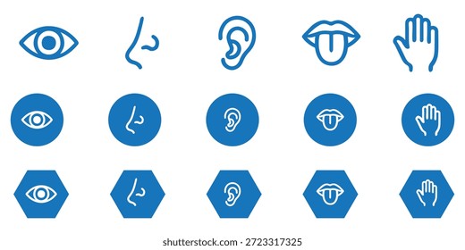 Conjunto de ícones dos sentidos humanos. Visão, olfato, nariz, ouvido auditivo, mão sensível ao toque, boca com língua. Ícones de linha simples e círculo preto. Cinco sentidos do sistema nervoso humano. Ilustração vetorial.