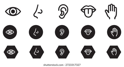 Ikonensatz der menschlichen Sinne. Augen sehen, Nase riechen, Ohr hören, Hand berühren, Mund mit Zunge schmecken. Einfache Liniensymbole und schwarzer Kreis. Fünf Sinne des menschlichen Nervensystems. Vektorgrafik.