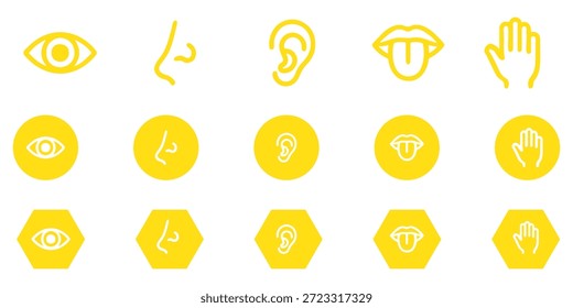 Conjunto de ícones dos sentidos humanos. Visão, olfato, nariz, ouvido auditivo, mão sensível ao toque, boca com língua. Ícones de linha simples e círculo preto. Cinco sentidos do sistema nervoso humano. Ilustração vetorial.