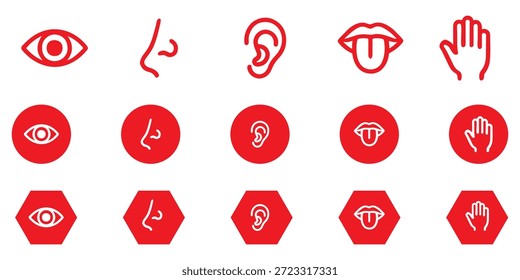 Human senses icon set. Vision eye, smell nose, hearing ear, touch hand, taste mouth with tongue. Simple line icons and black circle. Five senses of human nervous system. Vector illustration.