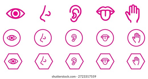 Human senses icon set. Vision eye, smell nose, hearing ear, touch hand, taste mouth with tongue. Simple line icons in black. Five senses of human nervous system