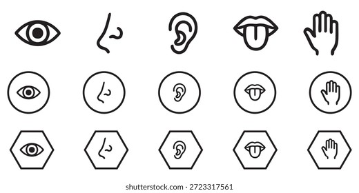 Ikonensatz der menschlichen Sinne. Augen sehen, Nase riechen, Ohr hören, Hand berühren, Mund mit Zunge schmecken. Einfache Liniensymbole in Schwarz. Fünf Sinne des menschlichen Nervensystems