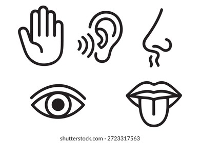 Ikonensatz der menschlichen Sinne. Augen sehen, Nase riechen, Ohr hören, Hand berühren, Mund mit Zunge schmecken. Einfache Liniensymbole in Schwarz. Fünf Sinne des menschlichen Nervensystems