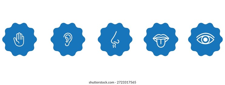 Human senses icon set. Vision eye, smell nose, hearing ear, touch hand, taste mouth with tongue. Simple line icons in black. Five senses of human nervous system